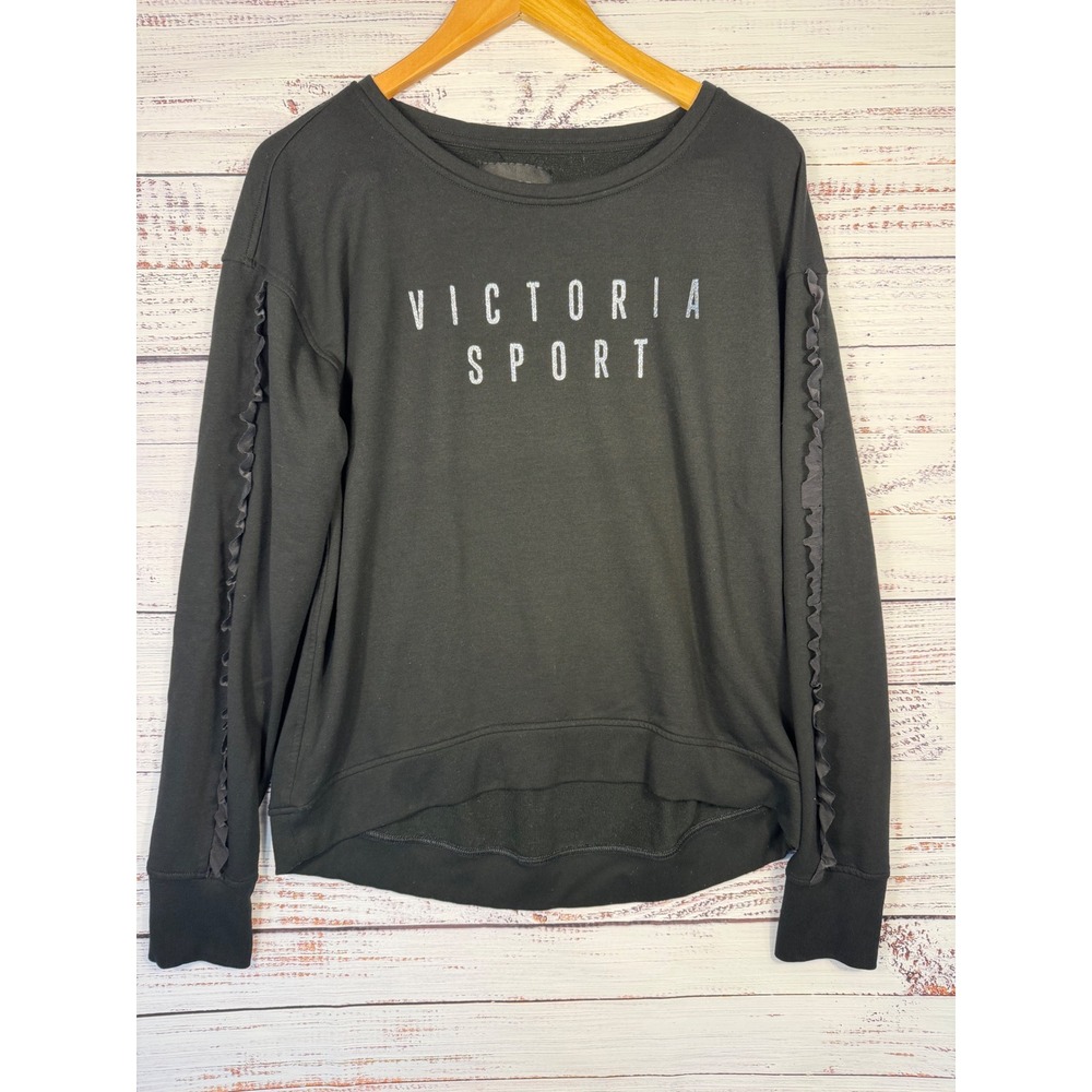 Victoria Sport Sweatshirt Ruffle Sleeve Logo Black Womens Size L Athleisure